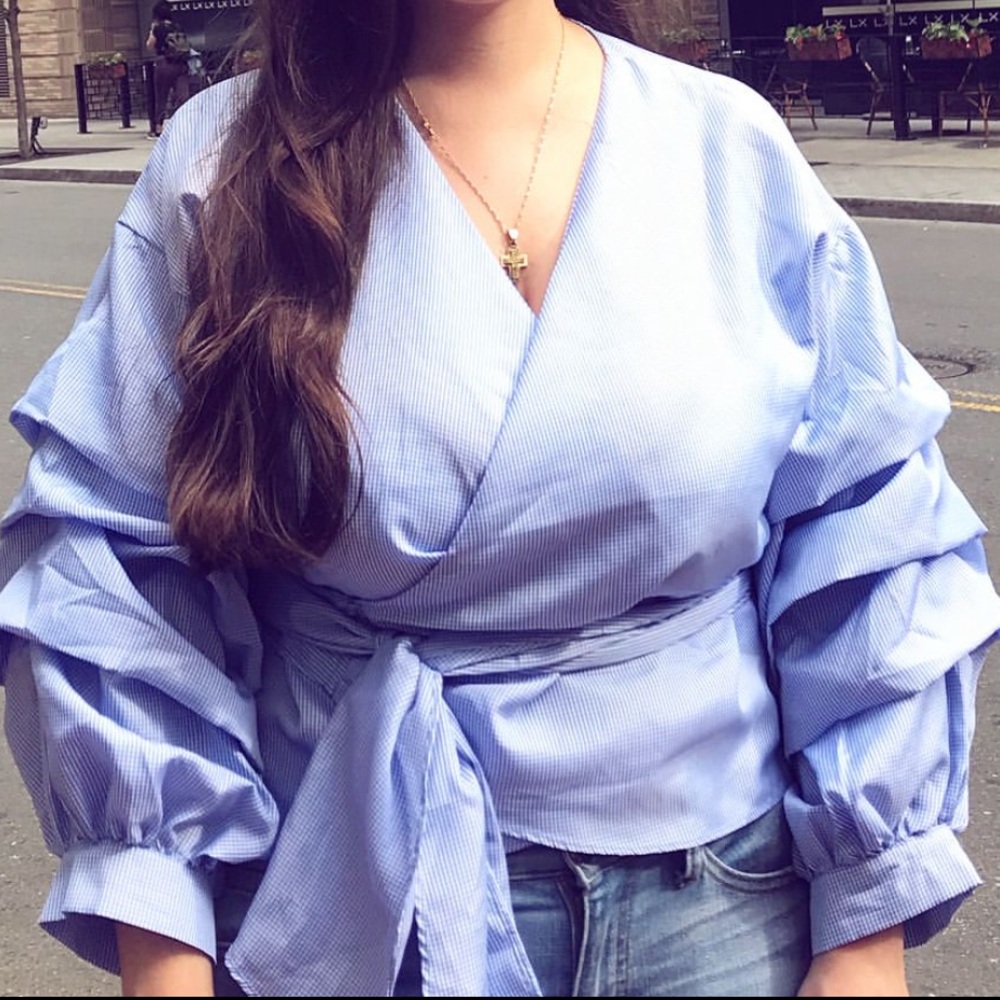 Blue and White Bow Tie Blouse